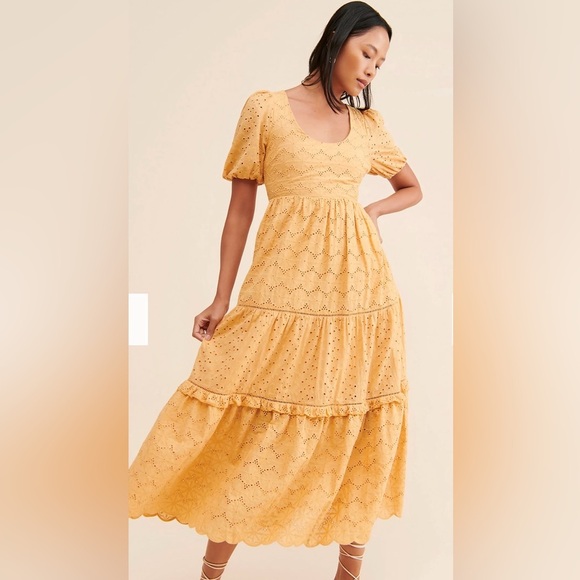 Free People Harni Eyelet Puff Sleeve Midi Dress in Peachy yellow Boho Open Back - Picture 1 of 7